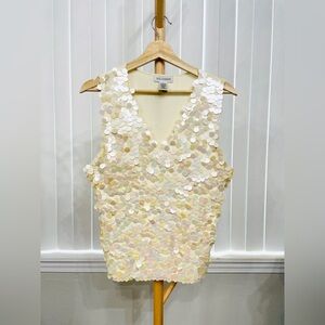 Vintage Methode Large Pearl White Shimmer Sequins Tank Top V Neck